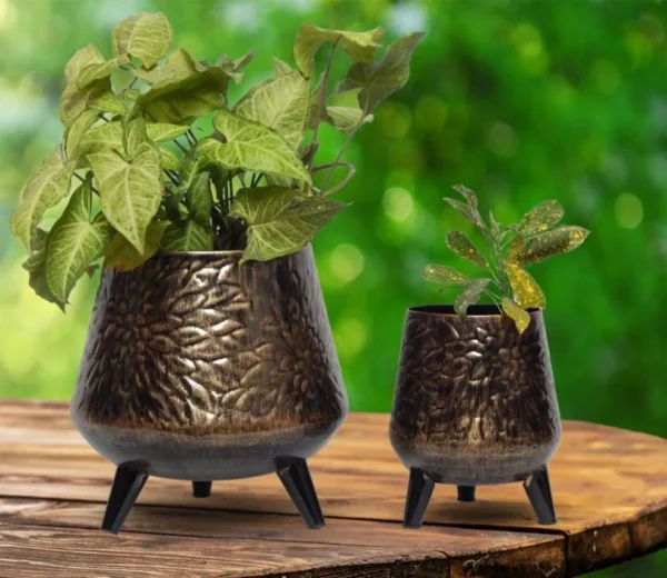 Hazel Metal Dark Charcoal Planter Pot with Stand ( Set of 2 )