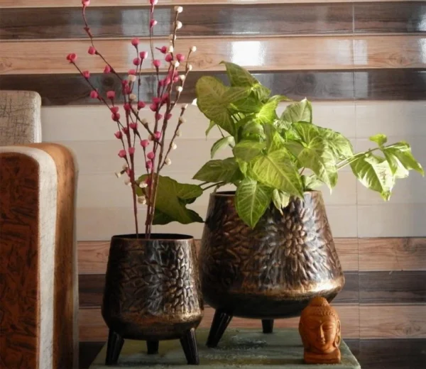 Hazel Metal Dark Charcoal Planter Pot with Stand ( Set of 2 ) - Image 3