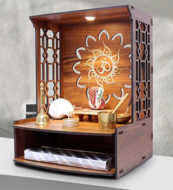 Teak Finish Wood Floor Rested Mandir Without Door